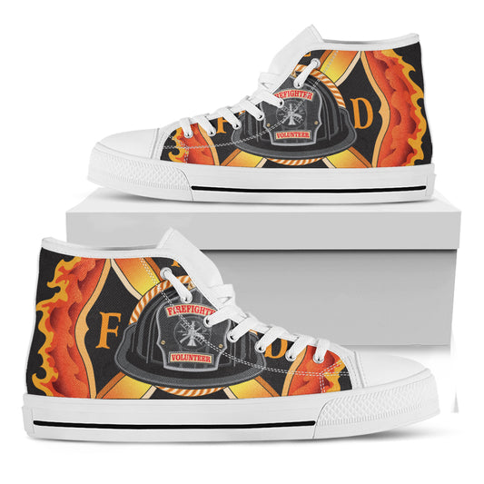 Flaming Firefighter Emblem Print White High Top Shoes