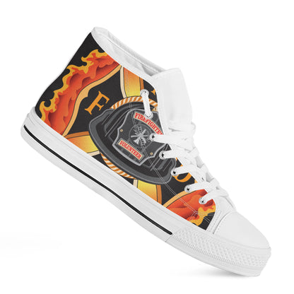 Flaming Firefighter Emblem Print White High Top Shoes