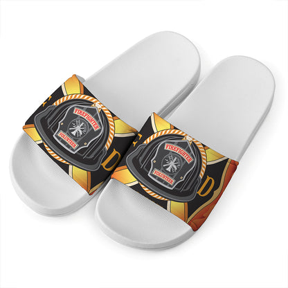 Flaming Firefighter Emblem Print White Slide Sandals