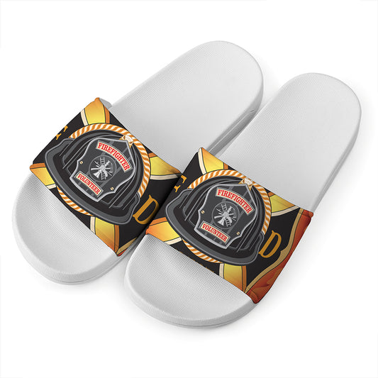 Flaming Firefighter Emblem Print White Slide Sandals