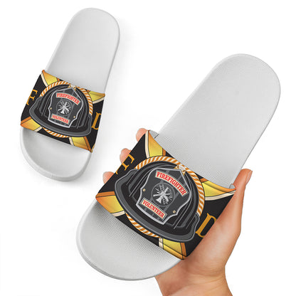 Flaming Firefighter Emblem Print White Slide Sandals