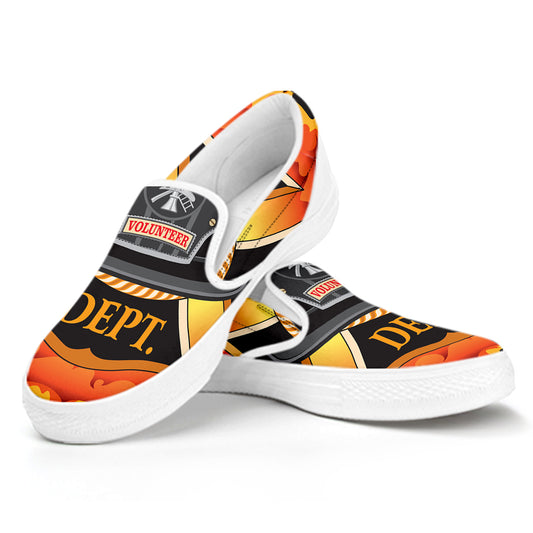 Flaming Firefighter Emblem Print White Slip On Shoes