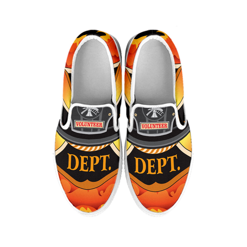 Flaming Firefighter Emblem Print White Slip On Shoes