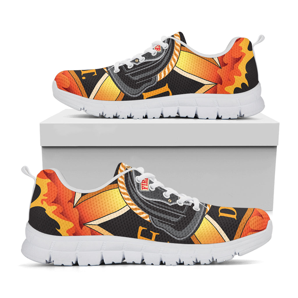 Flaming Firefighter Emblem Print White Sneakers