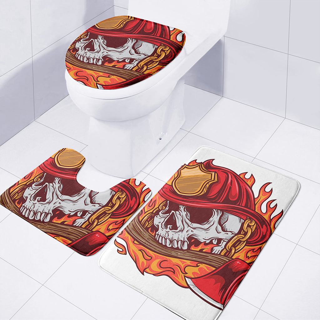 Flaming Firefighter Skull Print 3 Piece Bath Mat Set