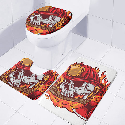 Flaming Firefighter Skull Print 3 Piece Bath Mat Set