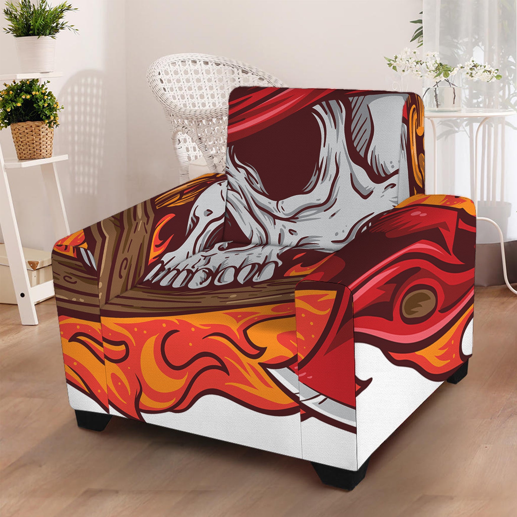 Flaming Firefighter Skull Print Armchair Slipcover