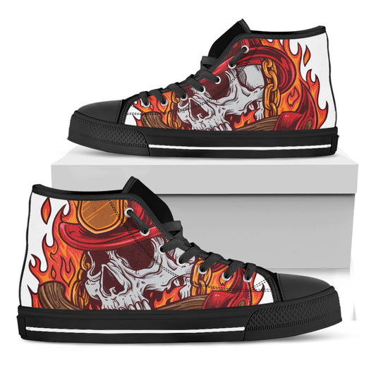 Flaming Firefighter Skull Print Black High Top Shoes