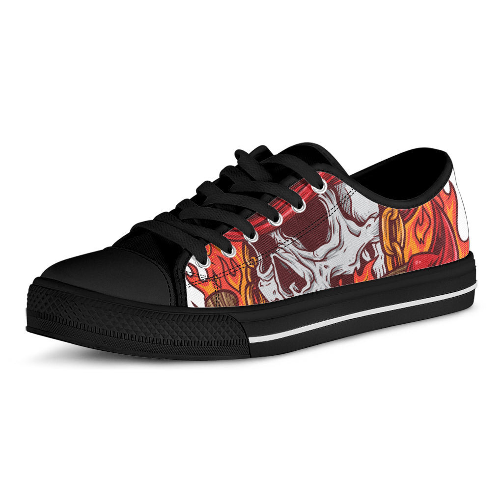 Flaming Firefighter Skull Print Black Low Top Shoes 