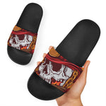 Flaming Firefighter Skull Print Black Slide Sandals