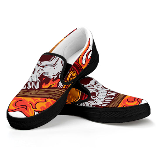Flaming Firefighter Skull Print Black Slip On Shoes