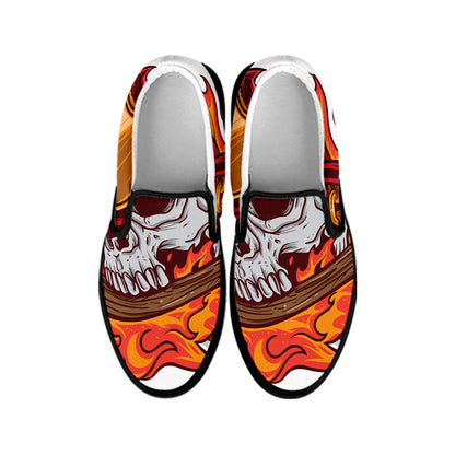 Flaming Firefighter Skull Print Black Slip On Shoes