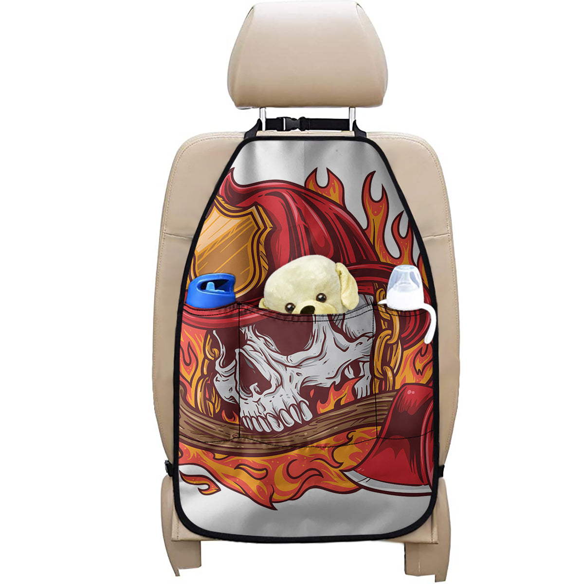 Flaming Firefighter Skull Print Car Seat Organizers