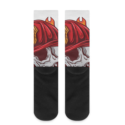 Flaming Firefighter Skull Print Crew Socks