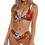 Flaming Firefighter Skull Print Front Bow Tie Bikini