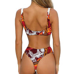 Flaming Firefighter Skull Print Front Bow Tie Bikini
