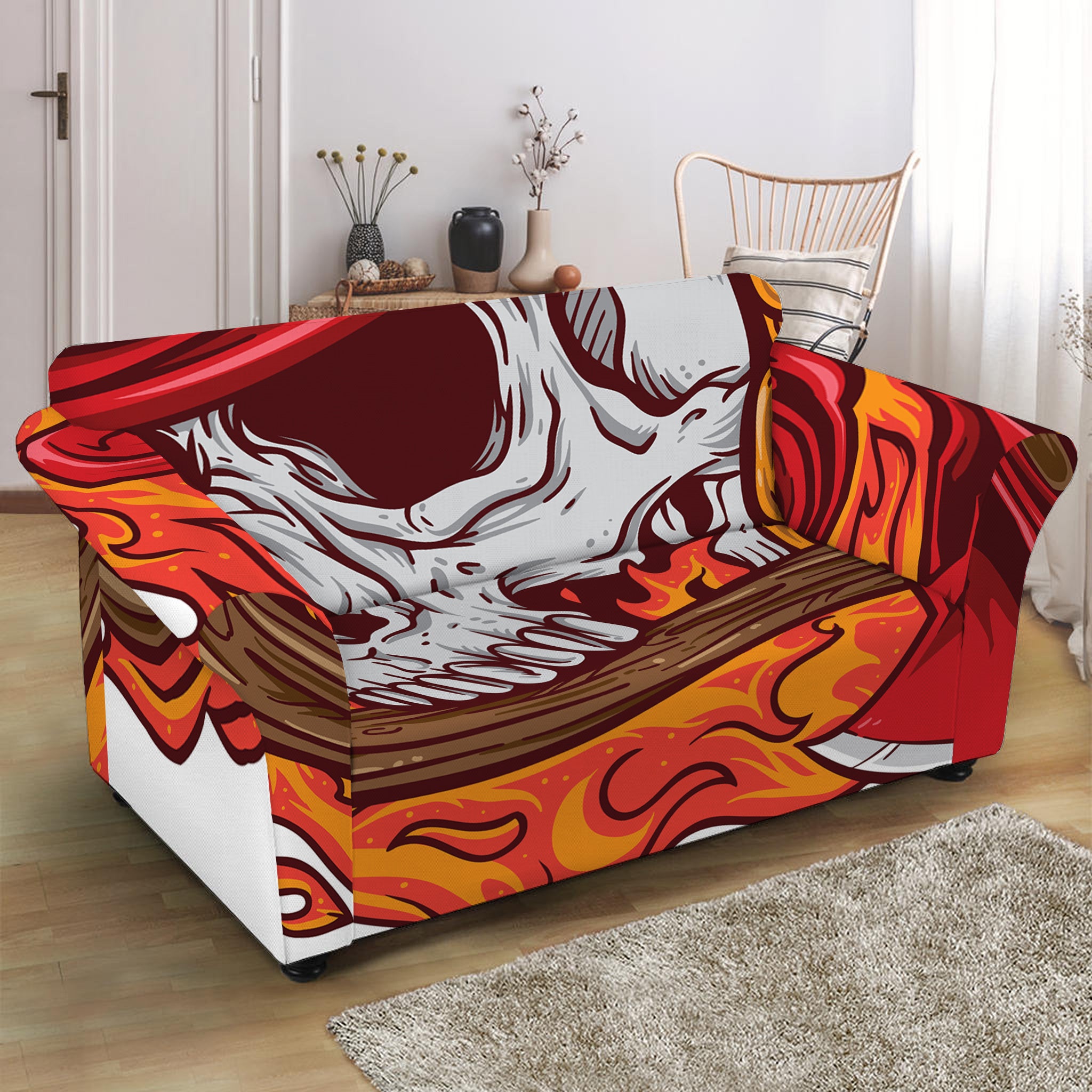 Flaming Firefighter Skull Print Loveseat Slipcover