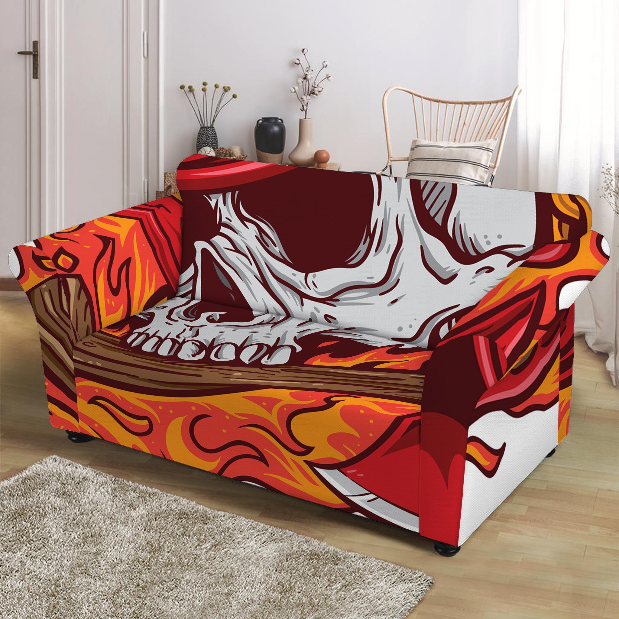 Flaming Firefighter Skull Print Loveseat Slipcover