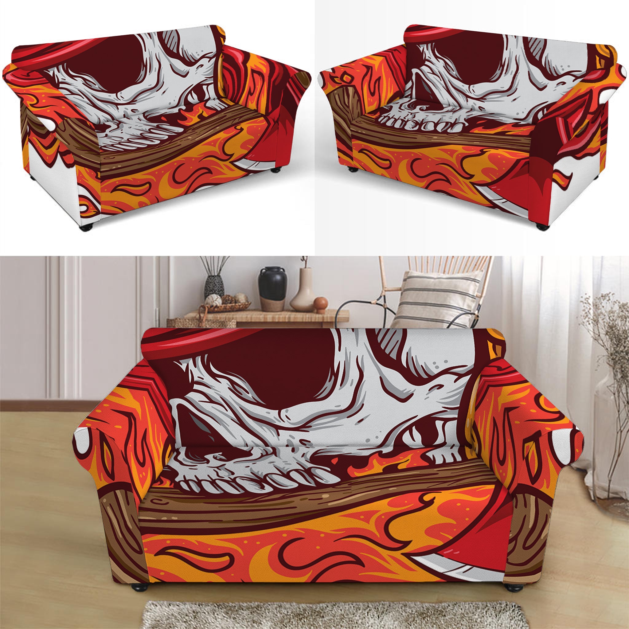 Flaming Firefighter Skull Print Loveseat Slipcover