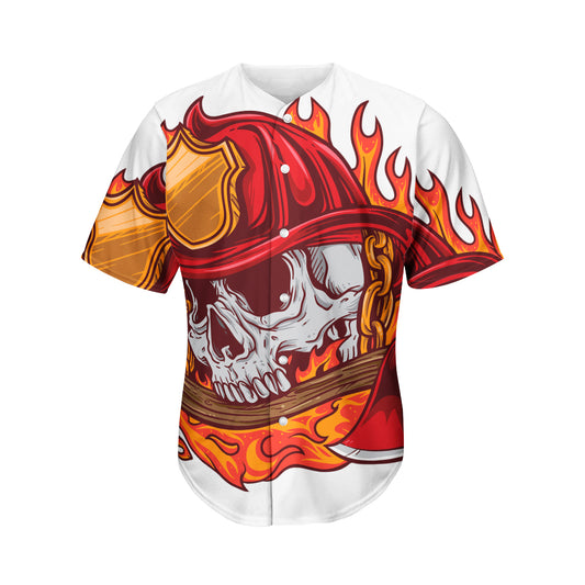 Flaming Firefighter Skull Print Men's Baseball Jersey