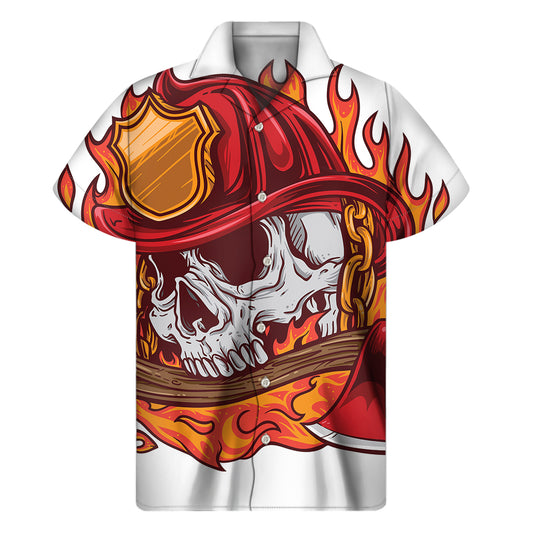 Flaming Firefighter Skull Print Men's Short Sleeve Shirt