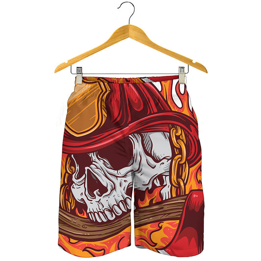 Flaming Firefighter Skull Print Men's Shorts