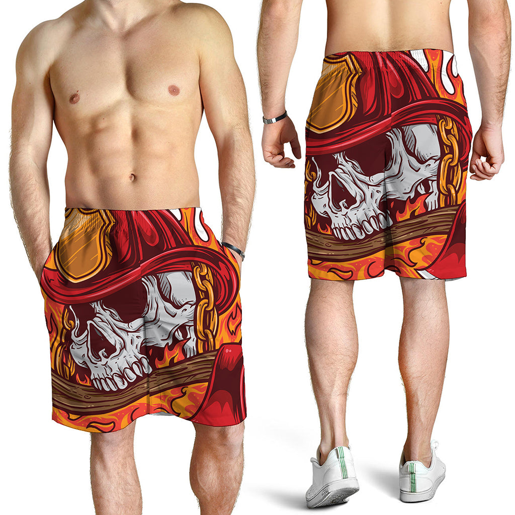 Flaming Firefighter Skull Print Men's Shorts