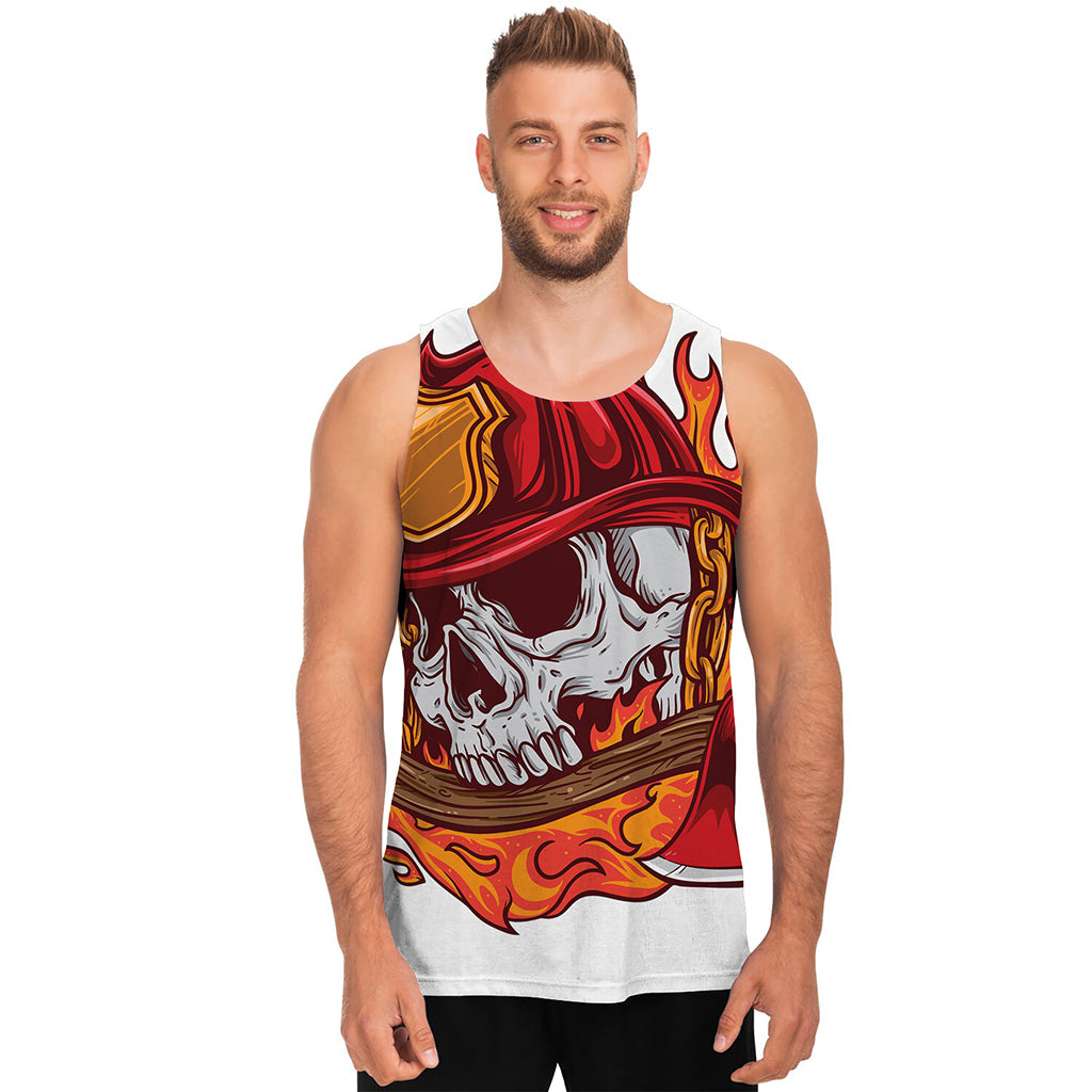 Flaming Firefighter Skull Print Men's Tank Top