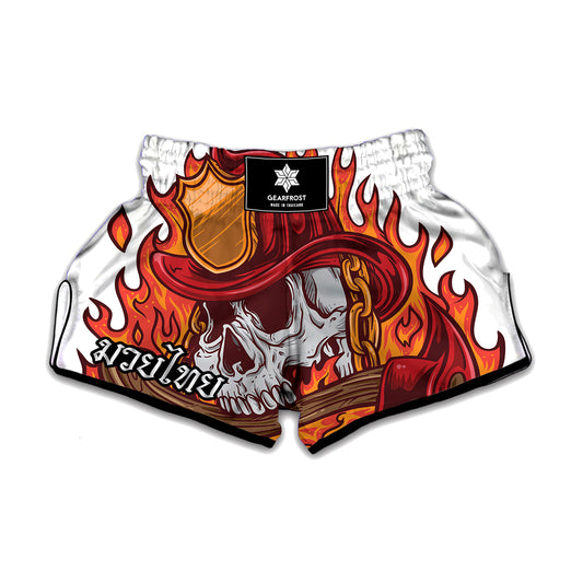 Flaming Firefighter Skull Print Muay Thai Boxing Shorts