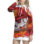 Flaming Firefighter Skull Print Pullover Hoodie Dress