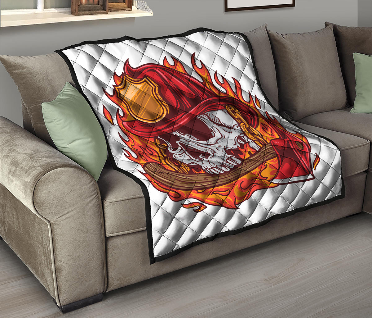 Flaming Firefighter Skull Print Quilt