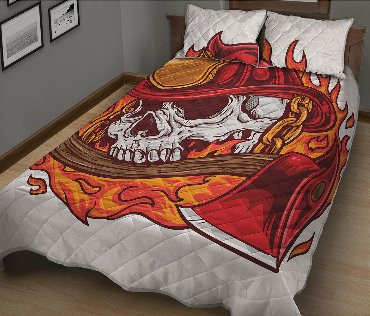 Flaming Firefighter Skull Print Quilt Bed Set