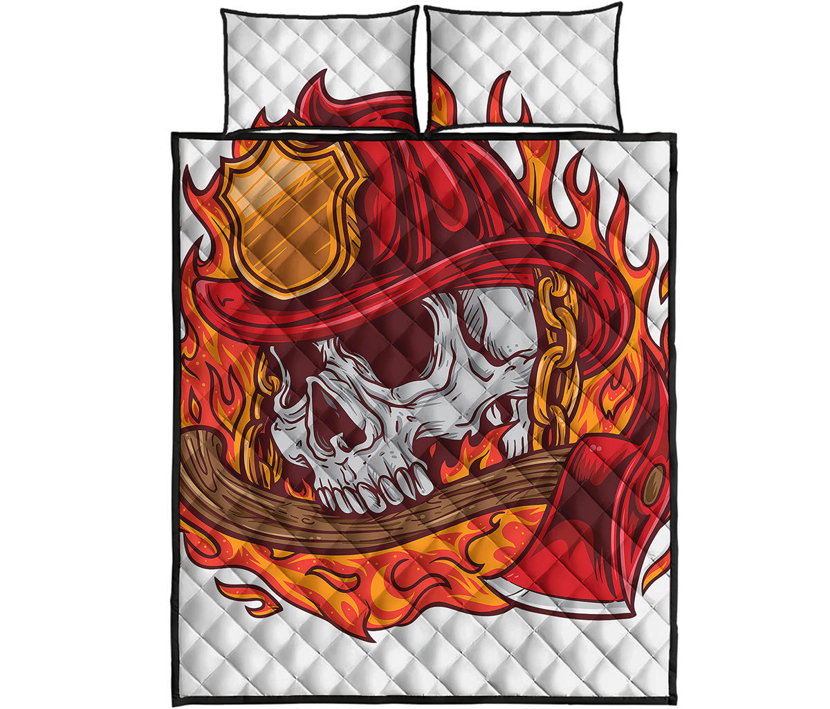 Flaming Firefighter Skull Print Quilt Bed Set