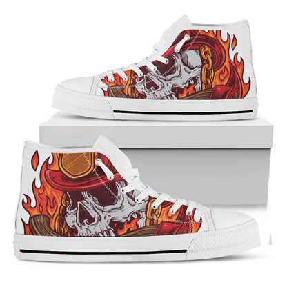 Flaming Firefighter Skull Print White High Top Shoes
