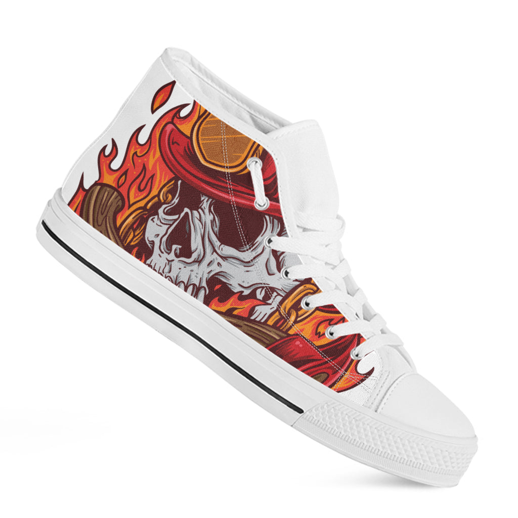 Flaming Firefighter Skull Print White High Top Shoes