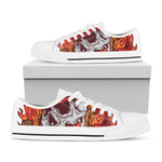 Flaming Firefighter Skull Print White Low Top Shoes