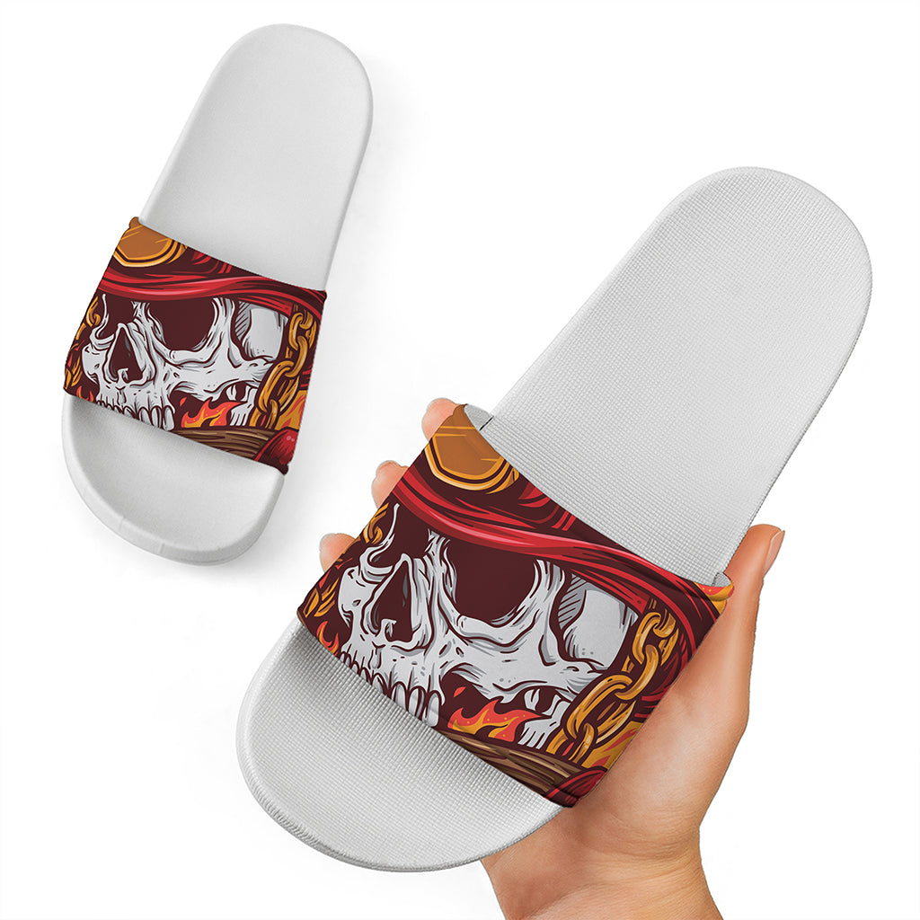 Flaming Firefighter Skull Print White Slide Sandals