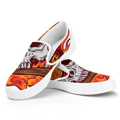 Flaming Firefighter Skull Print White Slip On Shoes