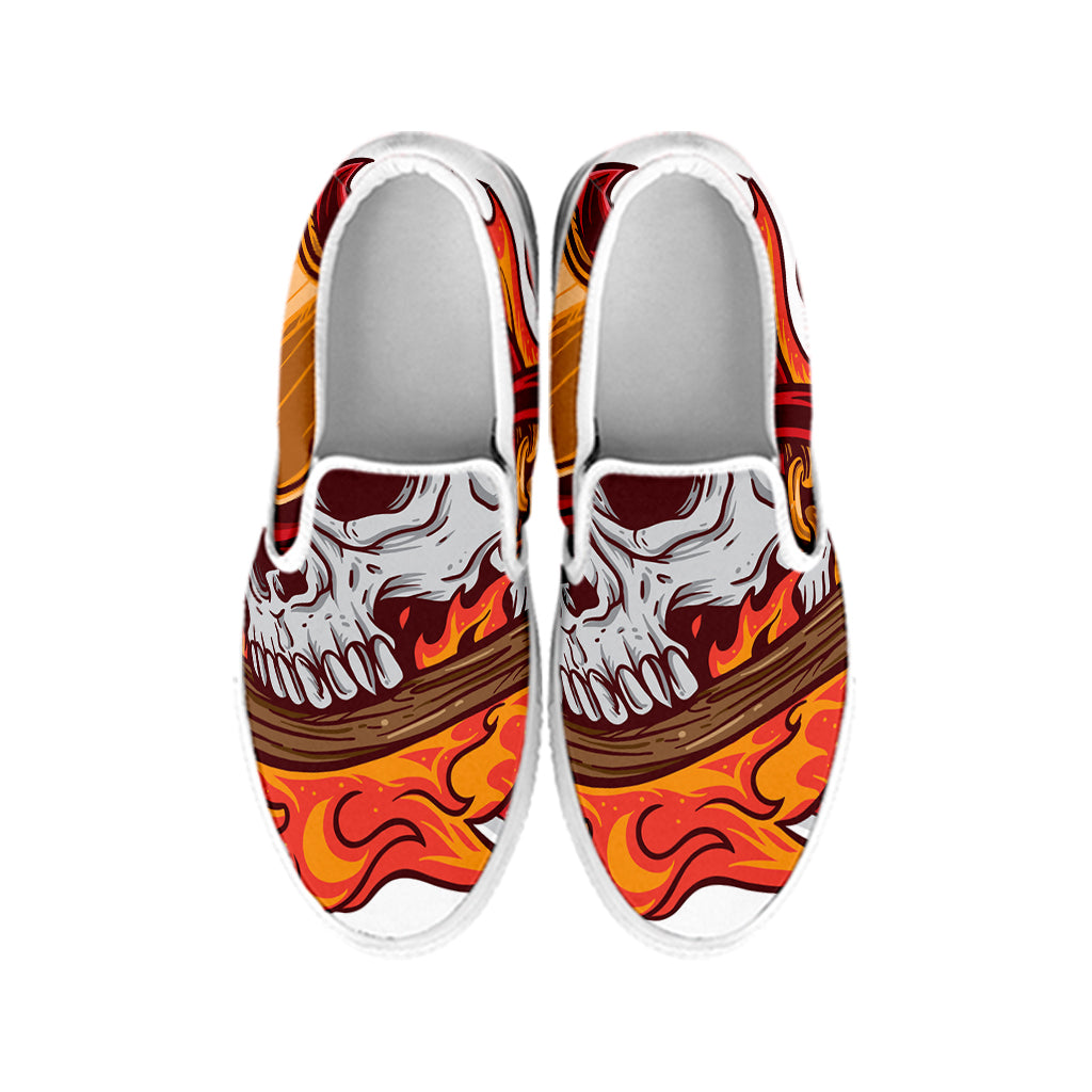 Flaming Firefighter Skull Print White Slip On Shoes