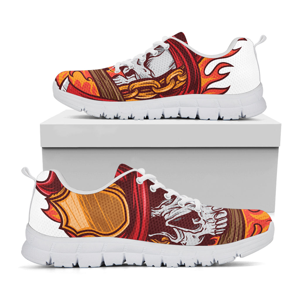 Flaming Firefighter Skull Print White Sneakers