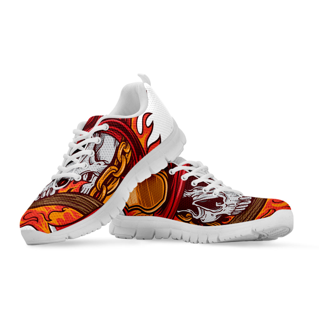 Flaming Firefighter Skull Print White Sneakers
