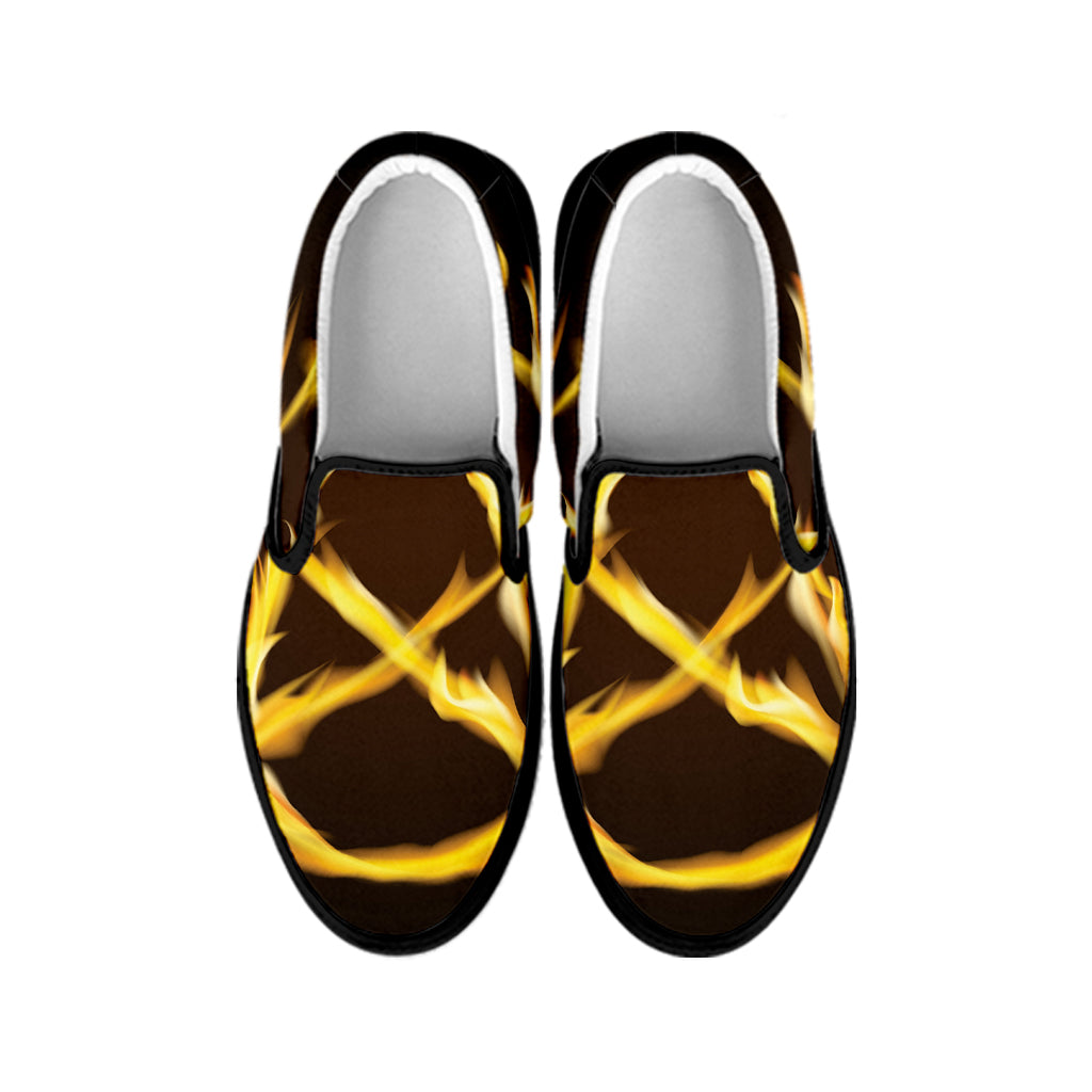 Flaming Pentagram Symbol Print Black Slip On Shoes