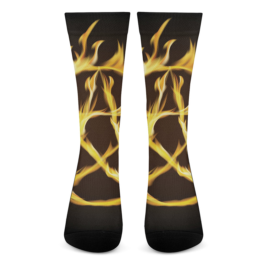 Flaming Pentagram Symbol Print Crew Socks