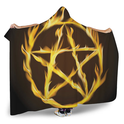 Flaming Pentagram Symbol Print Hooded Blanket