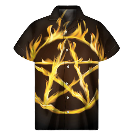 Flaming Pentagram Symbol Print Men's Short Sleeve Shirt