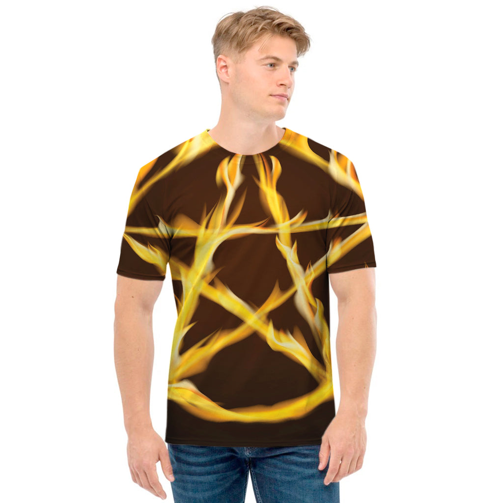 Flaming Pentagram Symbol Print Men's T-Shirt
