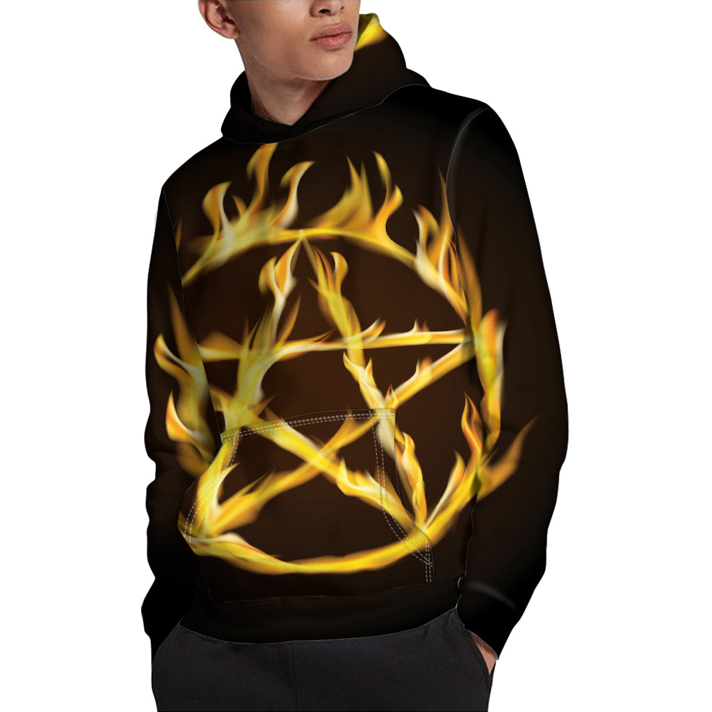 Flaming Pentagram Symbol Print Pullover Hoodie