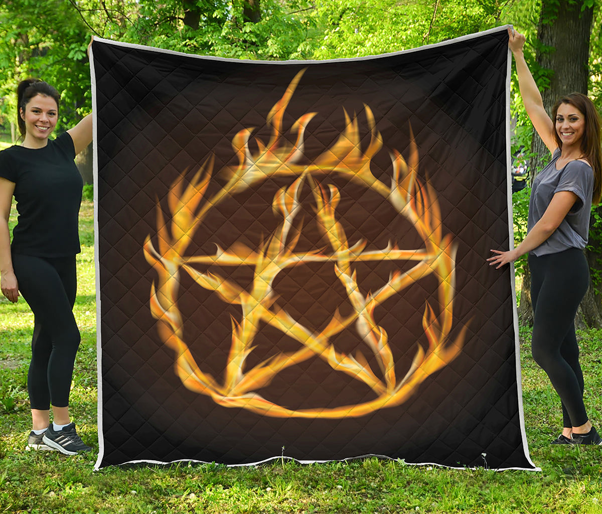 Flaming Pentagram Symbol Print Quilt