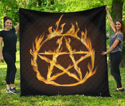 Flaming Pentagram Symbol Print Quilt