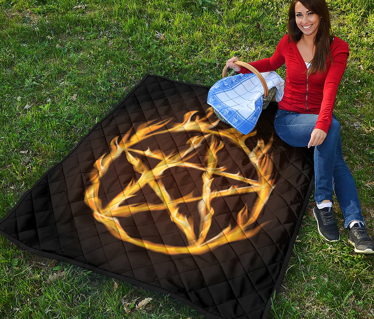 Flaming Pentagram Symbol Print Quilt